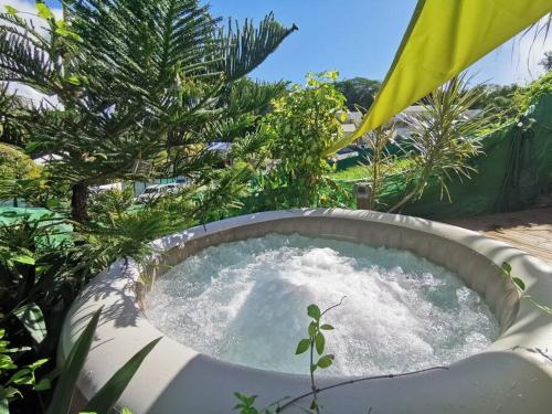 uma banheira de hidromassagem num jardim com água em La Kaz à Voile¹-⁵ Piscine & Spa ☆ Formule Zen em Le Gosier