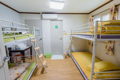 光州にあるPanda Guesthouseの二段ベッド2台と廊下が備わる客室です。