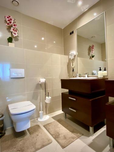 a bathroom with a toilet and a sink and a mirror at Happy Place in Poiana Brasov
