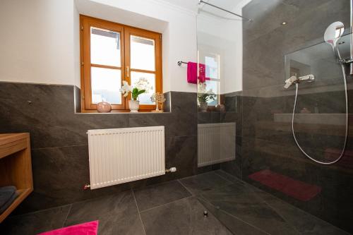 a bathroom with a shower and a window and a mirror at Appartements Lehenhof in Sankt Johann im Pongau