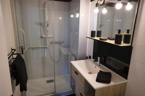 uma casa de banho com um chuveiro, um lavatório e uma cabina de duche em vidro. em L'OSTRA de l'impasse em Portiragnes