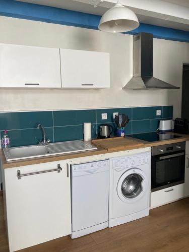 une cuisine avec une machine à laver et un évier dans l'établissement Appartement à 2 pas du Port de la Ciotat, à La Ciotat