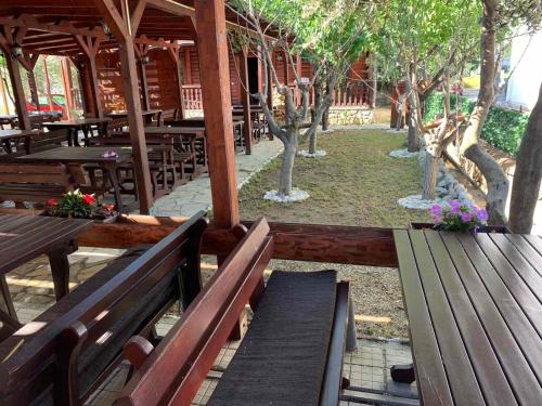 a group of wooden benches in a park with trees at Apartments Amar in Ulcinj