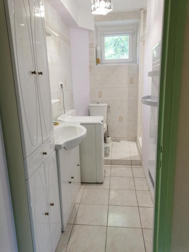 une salle de bain blanche avec un lavabo et des toilettes dans l'établissement Appartement dans maison individuelle LE CAYLUS BAS, à Saint-Affrique