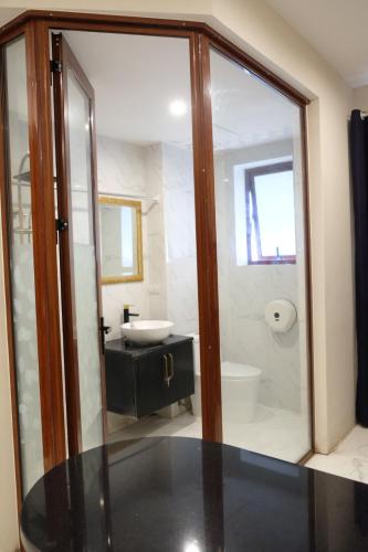 a bathroom with a sink and a toilet and a mirror at Aisha HOTELS and APARTMENTS in Hanoi
