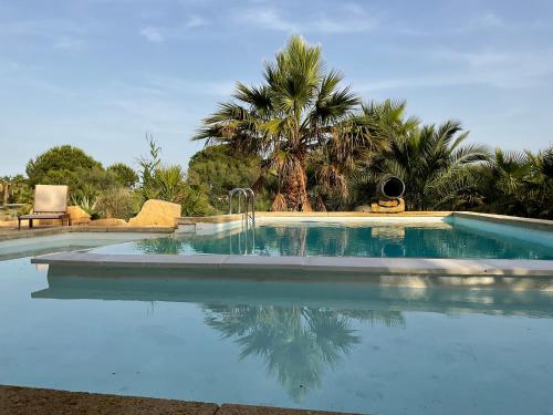 a swimming pool with a fountain and palm trees at Mazet du pêcheur in Saint-Laurent-dʼAigouze