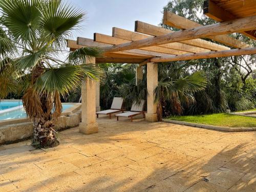 a patio with a wooden pergola and a pool at Mazet du pêcheur in Saint-Laurent-dʼAigouze