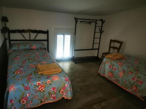 um quarto com 2 camas e um espelho em La Casa de los Pájaros em Vélez Blanco