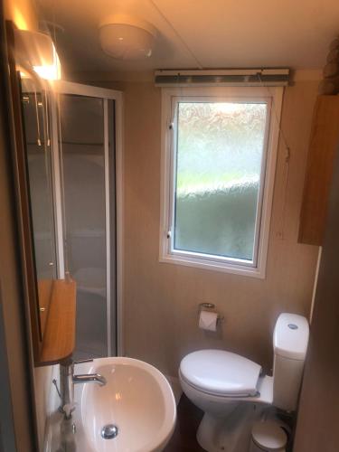 a bathroom with a toilet and a sink and a window at Cosy holiday caravan minutes from the beach in Aberystwyth