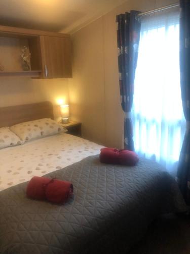 a bedroom with a bed with two red pillows on it at Cosy holiday caravan minutes from the beach in Aberystwyth