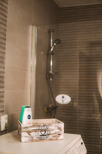 a bathroom with a shower and a wooden box on a counter at Cozy 2-Bedroom Boho-Themed Home in Caransebeş