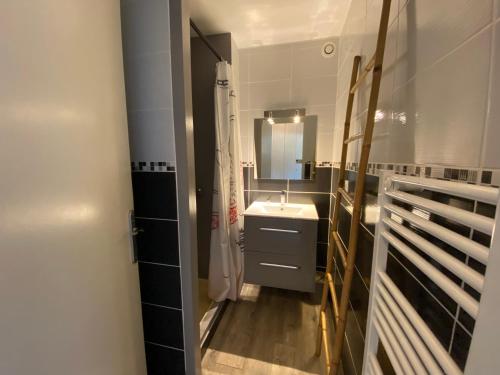 une salle de bain avec un lavabo et un miroir dans l'établissement Ferret vacances, à Lège-Cap-Ferret