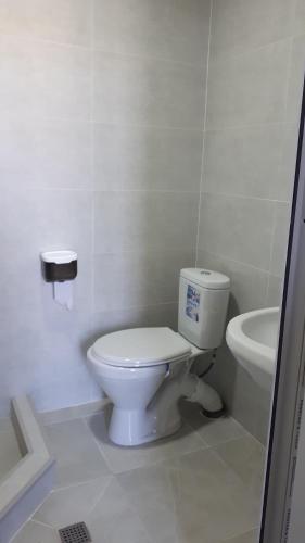 a white bathroom with a toilet and a sink at Guesthouse Angelina-Koko in Sighnaghi
