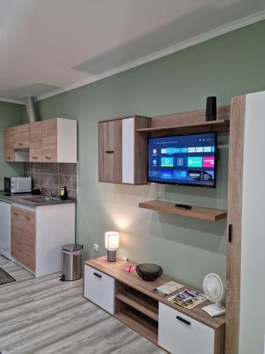 a living room with a tv on a wall at Belvárosi Pihenőház in Békéscsaba