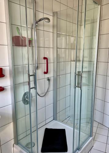 a shower with a glass door with a black mat at Anton-Ulrich Apartment in Meiningen