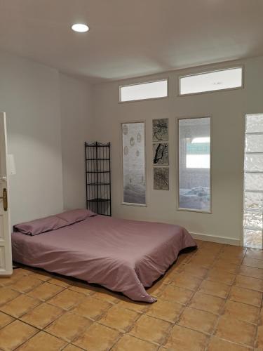 ein Schlafzimmer mit einem Bett in einem Zimmer mit Fenstern in der Unterkunft jardin44 in Santa Úrsula