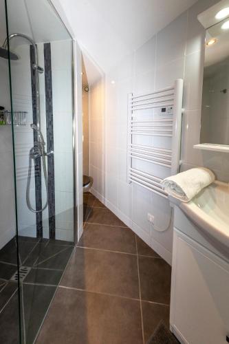 a bathroom with a shower and a sink at La Jalousie in Saint-Aignan-de-Cramesnil