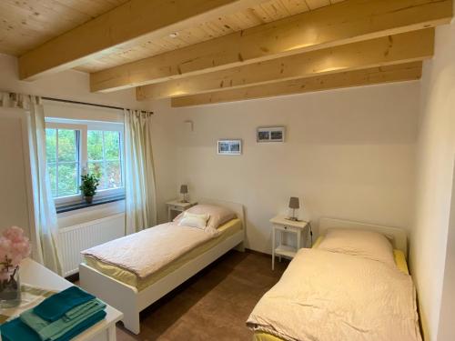 two beds in a small room with a window at Ferienwohnung Leimitz in Hof