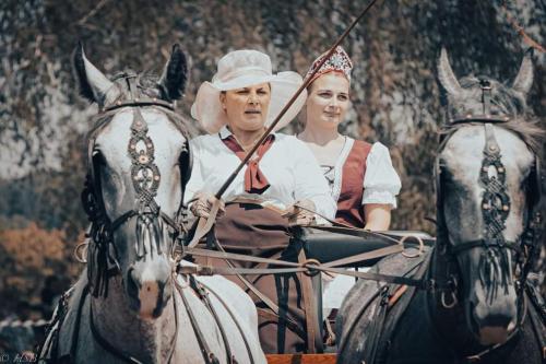 Dwie kobiety jeżdżą konnym powozem w obiekcie Pusztaszemes Vendéghaz w mieście Pusztaszemes