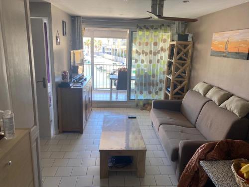 un salon avec un canapé et une table basse dans l'établissement Magnifique Appart Marina proche plage avec parking, à Sète