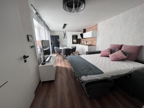 1 Schlafzimmer mit einem Bett und einem Esszimmer in der Unterkunft Elizabeth´s apartments in Velké Pavlovice