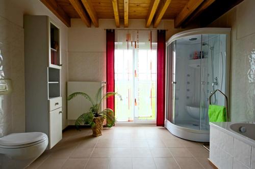 a bathroom with a toilet and a glass shower at Business Homes - Das Apartment Hotel in Lauchheim