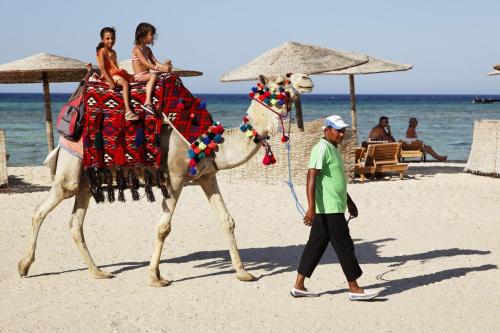 two people riding a camel on the beach at Three Corners Fayrouz Plaza Beach Resort in Port Ghalib