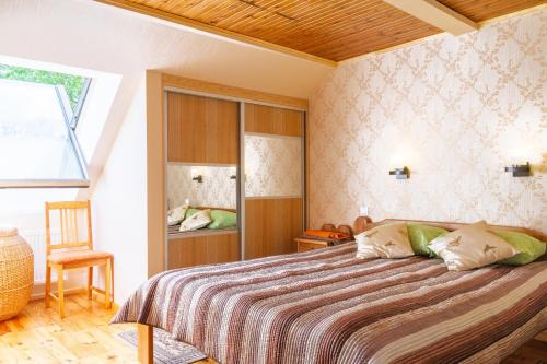 a bedroom with a bed and a chair and a window at Viesu nams Sidrabi in Druva