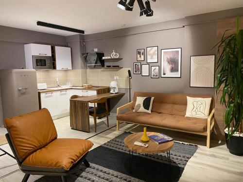 uma sala de estar com um sofá e uma cozinha em Shi Zi Junior Suite em Iaşi