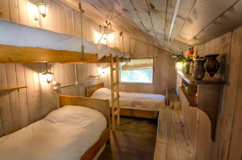 a small room with two bunk beds in it at Chili Kiwi Lakefront Backpackers in Pucón
