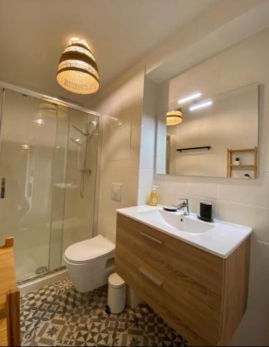 une salle de bain avec un lavabo, une douche et des toilettes dans l'établissement T3 de charme climatisé - Piscine - Plage à 5 min, à Gruissan