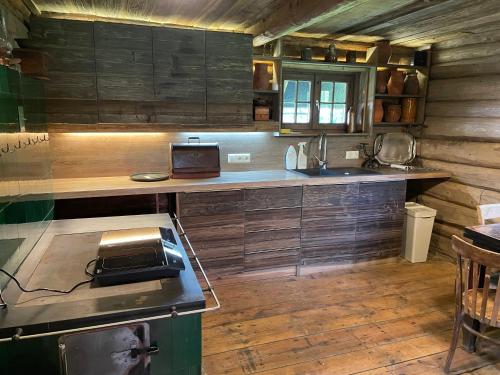 een keuken met houten kasten en een aanrecht bij Apartamenti MEKE in Limbaži