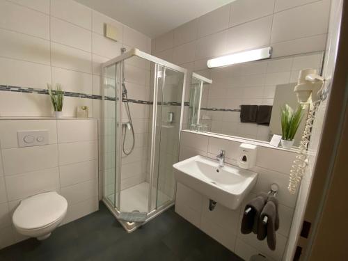 a bathroom with a shower and a toilet and a sink at Hotel am Westend in Lahr