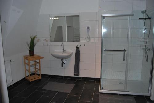 バート・ザクサにあるFerienwohnung-Stricker-Bad-Sachsaのバスルーム(ガラス張りのシャワー、シンク付)