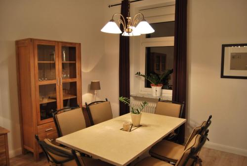a dining room table with chairs and a light fixture at Ferienwohnung-Stricker-Bad-Sachsa in Bad Sachsa