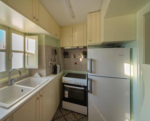 a kitchen with a white refrigerator and a sink at Hidden Oasis Private Villa in Agia Marina