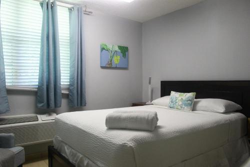 Schlafzimmer mit einem Bett und einem Fenster mit blauen Vorhängen in der Unterkunft Landing View 203 with private rooftop terrace in Rincon