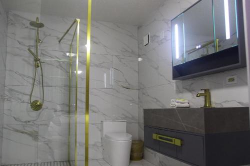 La salle de bains est pourvue d'une douche, de toilettes et d'un lavabo. dans l'établissement Landing View 203 with private rooftop terrace, à Rincon