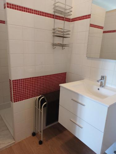 Mareuil-sur-CherにあるGîte La P'tite Fugueの- 白いシンクと赤と白のタイルを用いたバスルーム