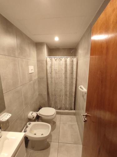a small bathroom with a toilet and a shower at Dpto de 1 dormitorio en el centro de la ciudad in Rosario