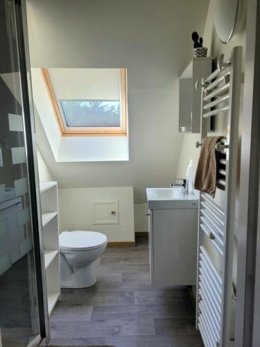baño con aseo y lavabo y ventana en Apart - Country at Tingry, en Tingry