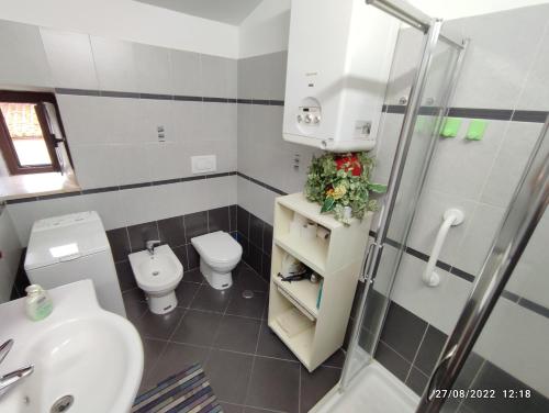 een badkamer met een toilet, een wastafel en een douche bij CasaVacanze Salza nel Borgo in Sutri