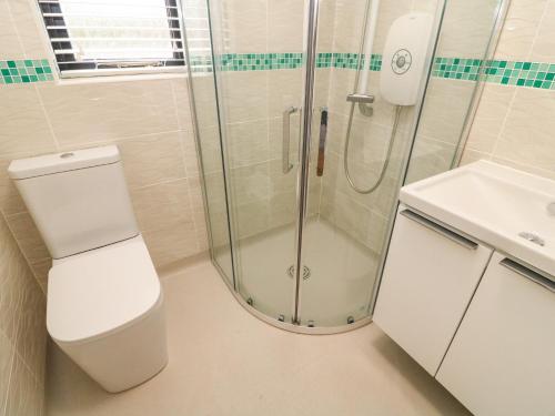 a bathroom with a shower and a toilet and a sink at Glen Lea in Settle