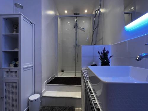 a white bathroom with a shower and a sink at L Annexe - Parenthèse Champêtre PARIS DISNEYLAND in Gagny
