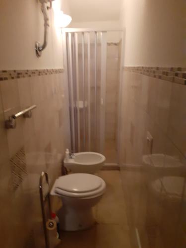 uma casa de banho com um WC, um chuveiro e um lavatório. em Appartamento in palazzo nobiliare em Nardò