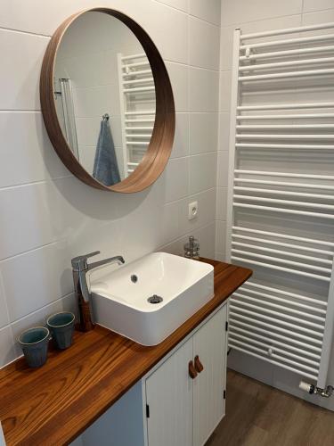 a bathroom with a white sink and a mirror at Penthouse Mathilde in Ostend