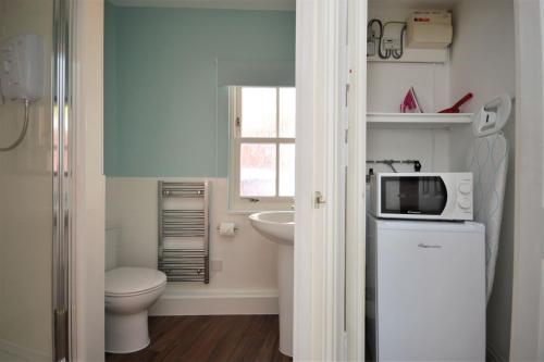 a bathroom with a toilet and a microwave on a refrigerator at Eagle Ensuite Room in Tobermory