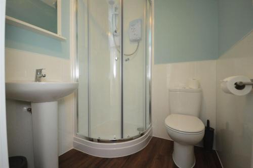 a bathroom with a shower and a toilet and a sink at Dolphin Apartment in Tobermory