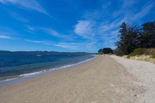 a sandy beach with trees and the ocean at Maison del Mar in Hobart