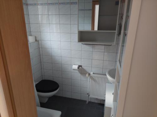 La petite salle de bains est pourvue de toilettes et d'un lavabo. dans l'établissement Zimmervermietung Schnackenberg, à Vollersode